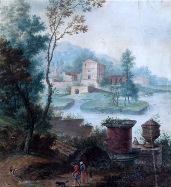 Johannes Bronkhorst (1648-1726) Travellers in a river landscape 9.25 x 8.5in.